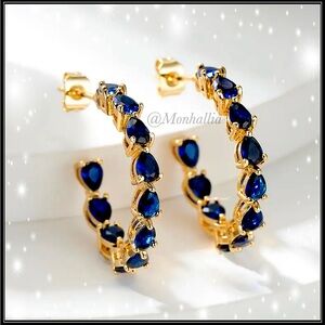 New Gold & Marquise Simulated Blue Sapphire Huggie Earrings